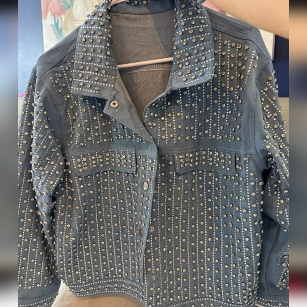 Patchwork Rivet Denim Jacket Women Fashion Lapel Long Sleeve - Picture 7 of 7